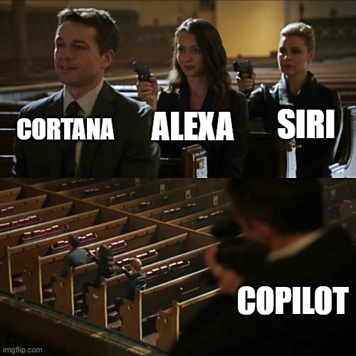 I wonder how these AI chat people would all get along? | CORTANA; ALEXA; SIRI; COPILOT | image tagged in assassination chain,ai,cortana,alexa,siri,copilot | made w/ Imgflip meme maker