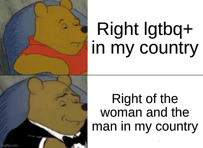 right | Right lgtbq+ in my country; Right of the woman and the man in my country | image tagged in memes,tuxedo winnie the pooh | made w/ Imgflip meme maker