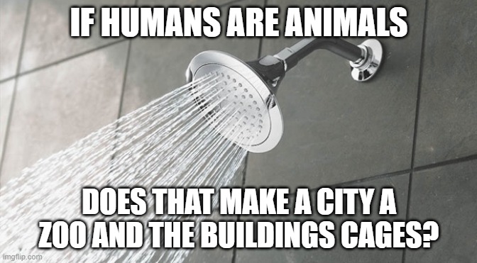 made me awake the whole night.... | IF HUMANS ARE ANIMALS; DOES THAT MAKE A CITY A ZOO AND THE BUILDINGS CAGES? | image tagged in shower thoughts | made w/ Imgflip meme maker