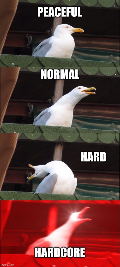 minecraft be like | PEACEFUL; NORMAL; HARD; HARDCORE | image tagged in memes,inhaling seagull | made w/ Imgflip meme maker