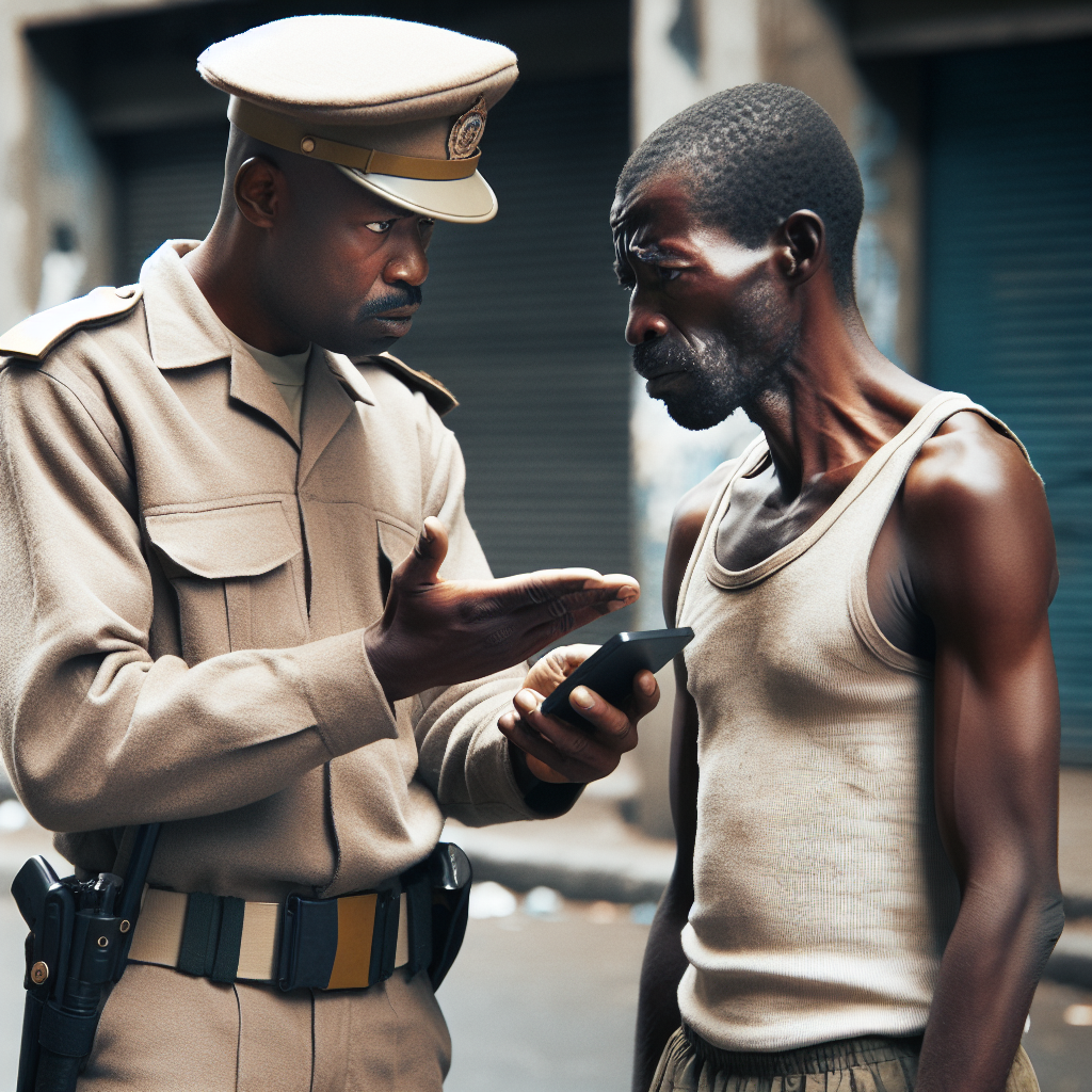 an african cop wearing beige uniform forcing a poor african man Blank Meme Template