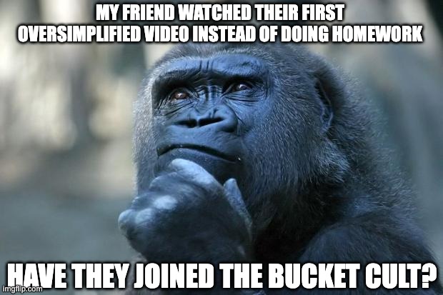 Oversimplified | MY FRIEND WATCHED THEIR FIRST OVERSIMPLIFIED VIDEO INSTEAD OF DOING HOMEWORK; HAVE THEY JOINED THE BUCKET CULT? | image tagged in deep thoughts,oversimplified,bucket cult | made w/ Imgflip meme maker