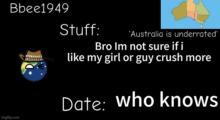 ©®§¢¥€$™&@£wg | Bro Im not sure if i like my girl or guy crush more; who knows | image tagged in bbee1949 temp | made w/ Imgflip meme maker