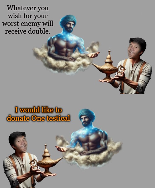The genie of the lamp | Whatever you wish for your worst enemy will receive double. I would like to donate One testical | image tagged in genie rules meme,kewlew | made w/ Imgflip meme maker
