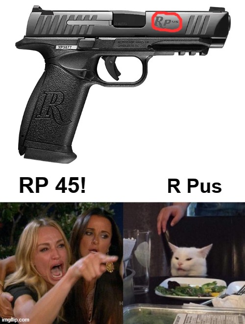Remington RP45 - sales flop | RP 45! R Pus | image tagged in memes,woman yelling at cat,guns,labels,failure | made w/ Imgflip meme maker