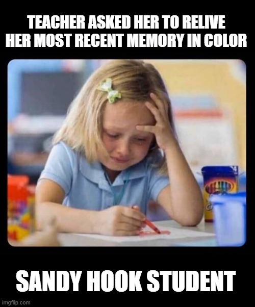 Color Your Memory | TEACHER ASKED HER TO RELIVE HER MOST RECENT MEMORY IN COLOR; SANDY HOOK STUDENT | image tagged in dark humor | made w/ Imgflip meme maker