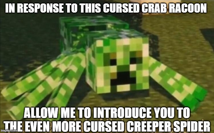 Your Free Trial of Living Has Ended | IN RESPONSE TO THIS CURSED CRAB RACOON ALLOW ME TO INTRODUCE YOU TO THE EVEN MORE CURSED CREEPER SPIDER | image tagged in your free trial of living has ended | made w/ Imgflip meme maker