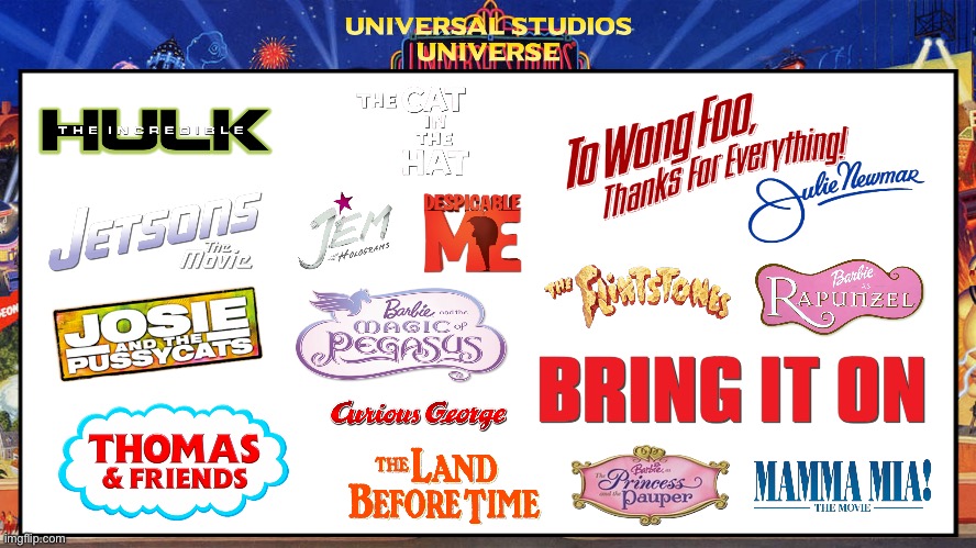 Brandon’s Universal Studios Universe | image tagged in flintstones,barbie,memes,despicable me,deviantart,thomas the tank engine | made w/ Imgflip meme maker