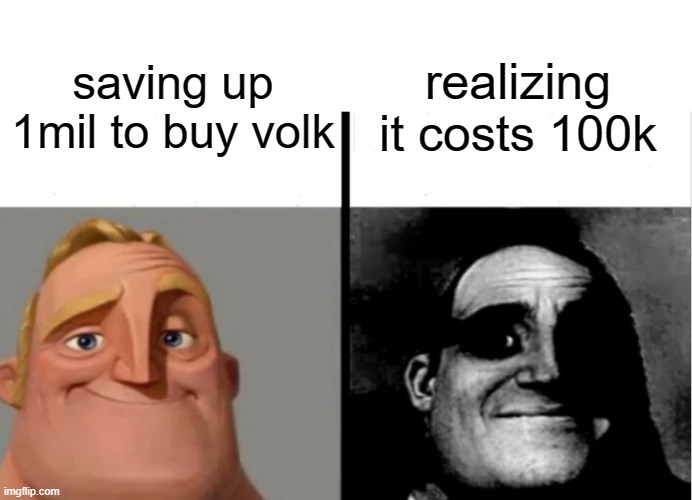 Teacher's Copy | realizing it costs 100k; saving up 1mil to buy volk | image tagged in teacher's copy | made w/ Imgflip meme maker