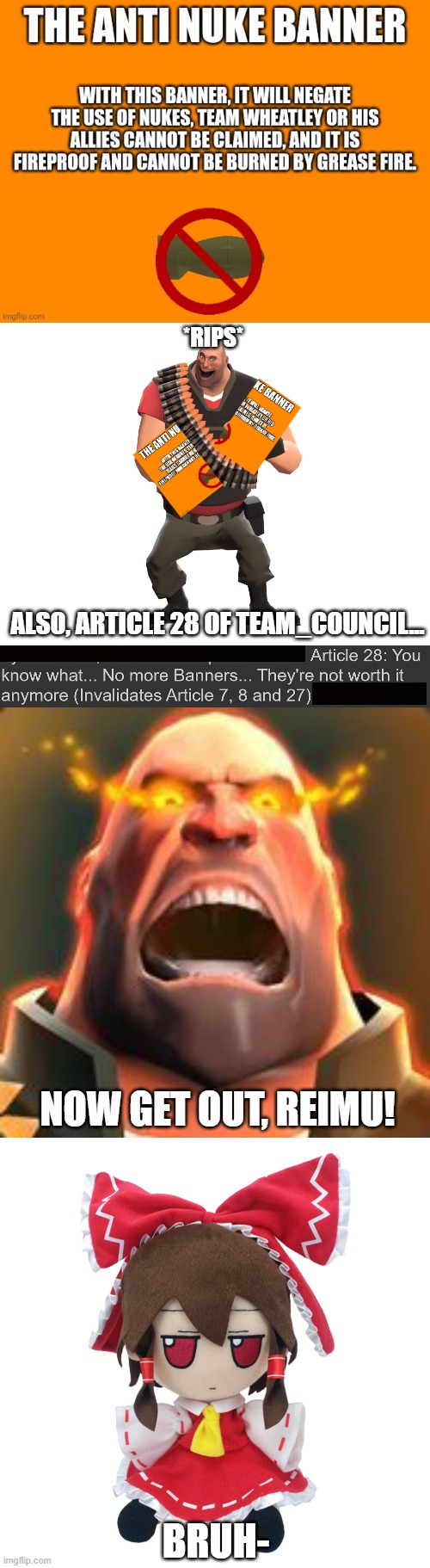 Never thought I'd ever be enforcing the Council's articles | *RIPS*; ALSO, ARTICLE 28 OF TEAM_COUNCIL... NOW GET OUT, REIMU! BRUH- | image tagged in blank white template,angry heavy,reimu fumo | made w/ Imgflip meme maker