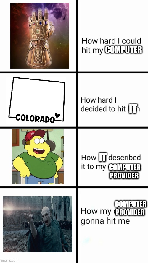 I hit my computer | COMPUTER; IT; IT; COMPUTER PROVIDER; COMPUTER PROVIDER | image tagged in how hard i could hit my brother,computer,jpfan102504 | made w/ Imgflip meme maker