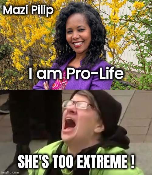 I am Pro-Life SHE'S TOO EXTREME ! Mazi Pilip | image tagged in screaming liberal | made w/ Imgflip meme maker
