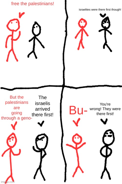 the funny thing is that despite how much pride they take in this argument, they're wrong. The canaanites came first | free the palestinians! israelites were there first though! But the palestinians are going through a geno-; The israelis arrived there first! You're wrong! They were there first! Bu- | image tagged in blank white template | made w/ Imgflip meme maker