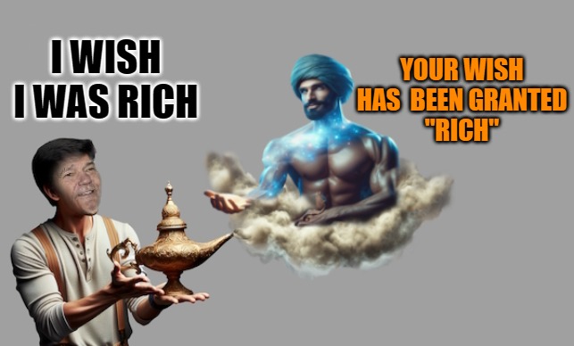 YOUR WISH HAS  BEEN GRANTED
"RICH"; I WISH I WAS RICH | made w/ Imgflip meme maker