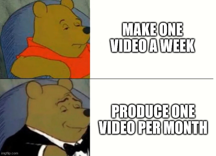 Fancy Winnie The Pooh Meme | MAKE ONE VIDEO A WEEK; PRODUCE ONE VIDEO PER MONTH | image tagged in fancy winnie the pooh meme | made w/ Imgflip meme maker