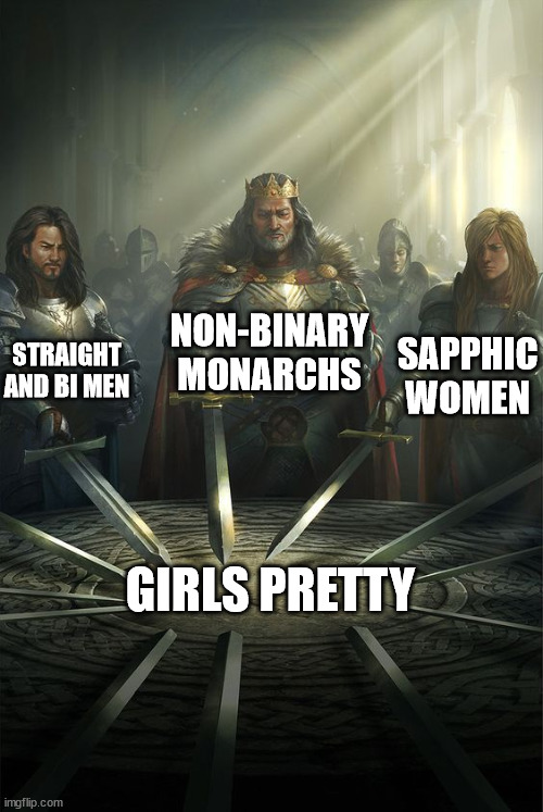 An unstoppable alliance | NON-BINARY MONARCHS; STRAIGHT AND BI MEN; SAPPHIC WOMEN; GIRLS PRETTY | image tagged in knights of the round table,lgbt,lgbtq | made w/ Imgflip meme maker