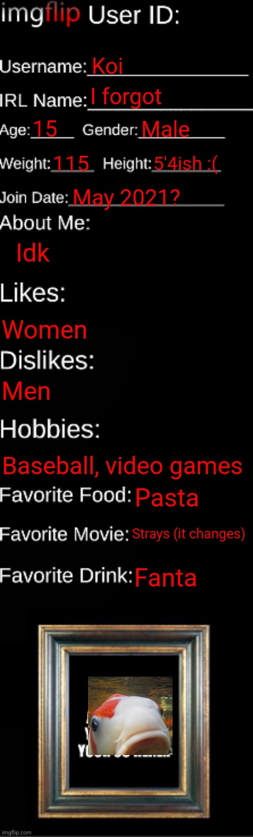 imgflip ID Card | Koi; I forgot; 15; Male; 115; 5'4ish :(; May 2021? Idk; Women; Men; Baseball, video games; Pasta; Strays (it changes); Fanta | image tagged in imgflip id card | made w/ Imgflip meme maker