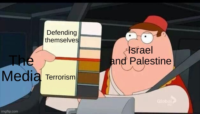 No matter where I post this I will get bombarded with hate, but this stream seems like I won't get nearly as much hate | Defending themselves; Israel and Palestine; The Media; Terrorism | image tagged in peter griffin skin color chart race terrorist blank | made w/ Imgflip meme maker