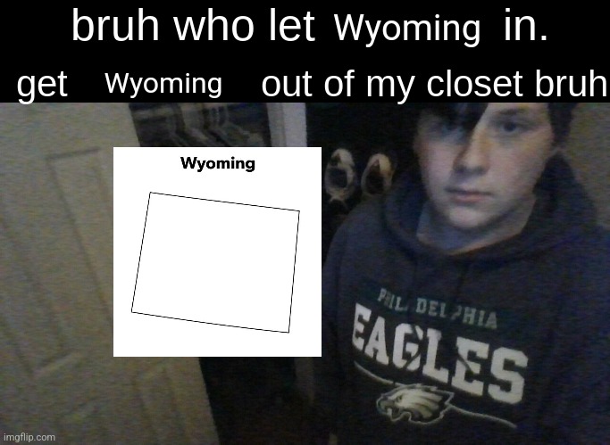 Get Wyoming out of my closet | Wyoming; Wyoming | image tagged in bruh who let x in get x out of my closet bruh,jpfan102504 | made w/ Imgflip meme maker