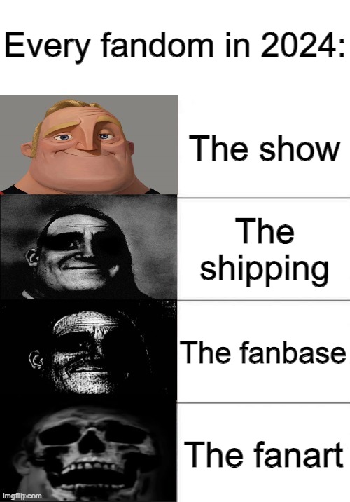 I miss the time when fanbases were normal | Every fandom in 2024:; The show; The shipping; The fanbase; The fanart | image tagged in uncanny 4 phases,memes,funny,mr incredible becoming uncanny,why are you reading the tags,stop reading the tags | made w/ Imgflip meme maker
