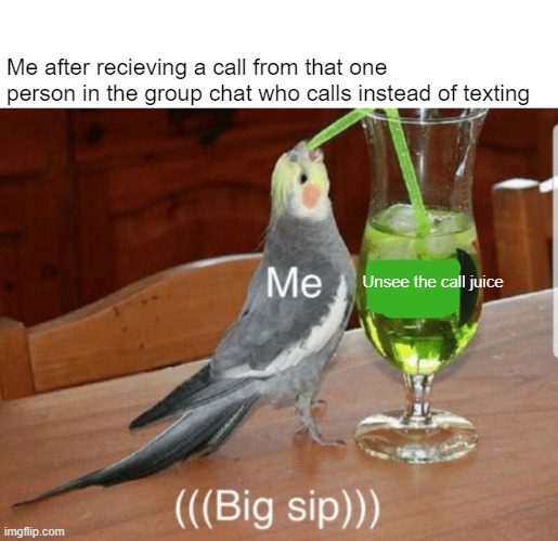Why call when you can text | Me after recieving a call from that one person in the group chat who calls instead of texting; Unsee the call juice | image tagged in unsee juice | made w/ Imgflip meme maker