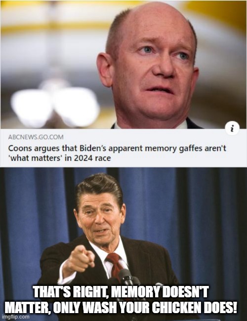 Memory Matters | THAT'S RIGHT, MEMORY DOESN'T MATTER, ONLY WASH YOUR CHICKEN DOES! | image tagged in ronald reagan | made w/ Imgflip meme maker