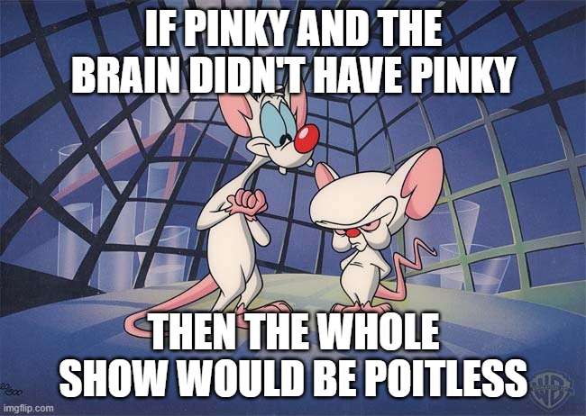 Poit! | IF PINKY AND THE BRAIN DIDN'T HAVE PINKY; THEN THE WHOLE SHOW WOULD BE POITLESS | image tagged in pinky and the brain,animaniacs | made w/ Imgflip meme maker