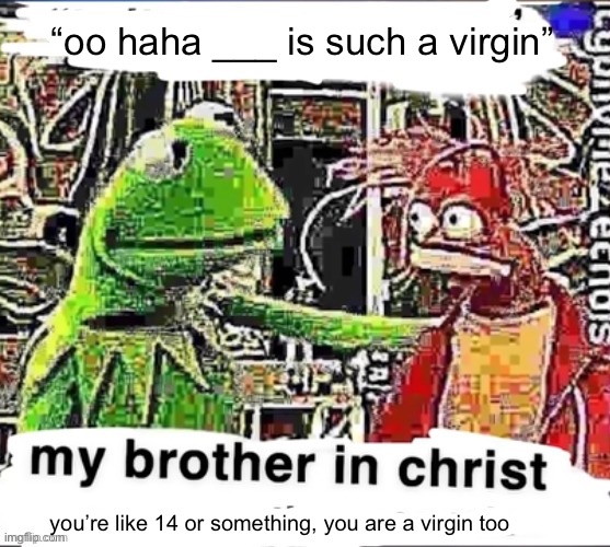 My brother in Christ | “oo haha ___ is such a virgin”; you’re like 14 or something, you are a virgin too | image tagged in my brother in christ | made w/ Imgflip meme maker