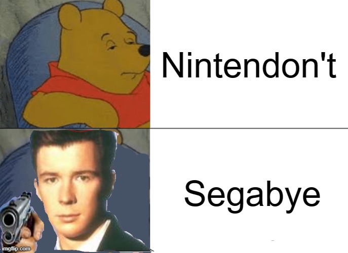 When I finally get a good idea | Nintendon't; Segabye | image tagged in memes,tuxedo winnie the pooh,rick astley you know the rules,funny,video games,nintendo | made w/ Imgflip meme maker