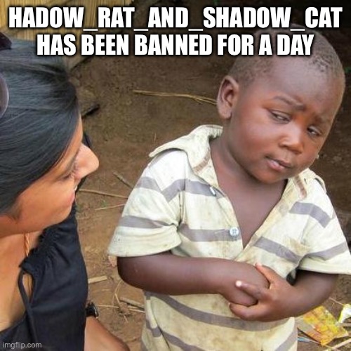 Third World Skeptical Kid | HADOW_RAT_AND_SHADOW_CAT HAS BEEN BANNED FOR A DAY | image tagged in memes,third world skeptical kid | made w/ Imgflip meme maker
