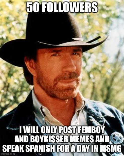 . | 50 FOLLOWERS; I WILL ONLY POST FEMBOY AND BOYKISSER MEMES AND SPEAK SPANISH FOR A DAY IN MSMG | image tagged in memes,chuck norris | made w/ Imgflip meme maker