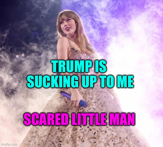 Trump is sucking up to Taylor Swift | TRUMP IS 
SUCKING UP TO ME; SCARED LITTLE MAN | image tagged in princess taylor swift | made w/ Imgflip meme maker