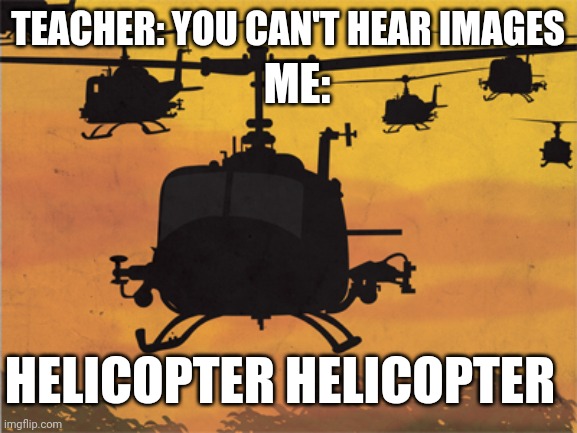 helicopters | ME:; TEACHER: YOU CAN'T HEAR IMAGES; HELICOPTER HELICOPTER | image tagged in helicopters | made w/ Imgflip meme maker