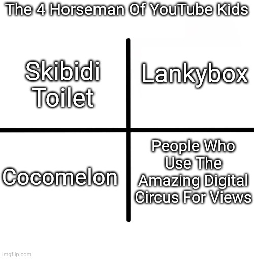Blank Starter Pack | The 4 Horseman Of YouTube Kids; Lankybox; Skibidi Toilet; People Who Use The Amazing Digital Circus For Views; Cocomelon | image tagged in memes,blank starter pack | made w/ Imgflip meme maker
