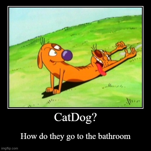 how do they go to the bathroom | CatDog? | How do they go to the bathroom | image tagged in funny,demotivationals,catdog,nickelodeon | made w/ Imgflip demotivational maker