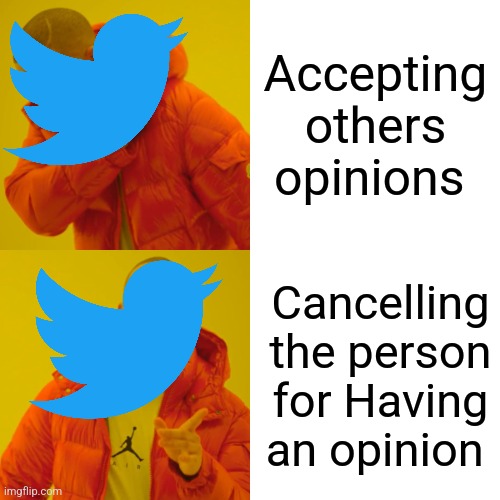 Twitter users be like | Accepting others opinions; Cancelling the person for Having an opinion | image tagged in memes,drake hotline bling | made w/ Imgflip meme maker