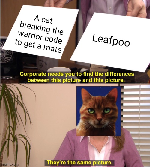 Warrior cats Leafpool | A cat breaking the warrior code to get a mate; Leafpoo | image tagged in memes,they're the same picture,warrior cats | made w/ Imgflip meme maker