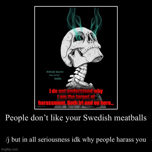 People don’t like your Swedish meatballs | /j but in all seriousness idk why people harass you | image tagged in funny,demotivationals | made w/ Imgflip demotivational maker