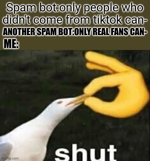 All bad and no brains | Spam bot:only people who didn't come from tiktok can-; ANOTHER SPAM BOT:ONLY REAL FANS CAN-; ME: | image tagged in shut,spammers,youtube | made w/ Imgflip meme maker