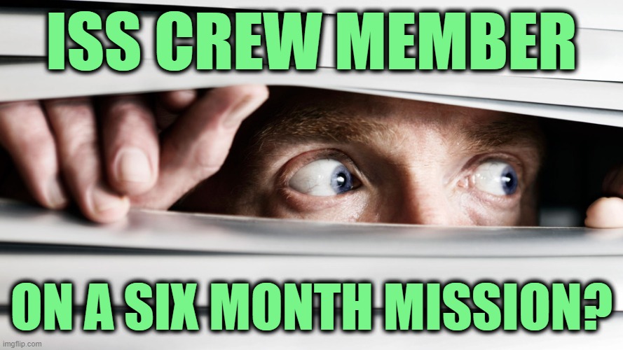 ISS Hoax | ISS CREW MEMBER; ON A SIX MONTH MISSION? | image tagged in hiding,fake,space,moon landing | made w/ Imgflip meme maker