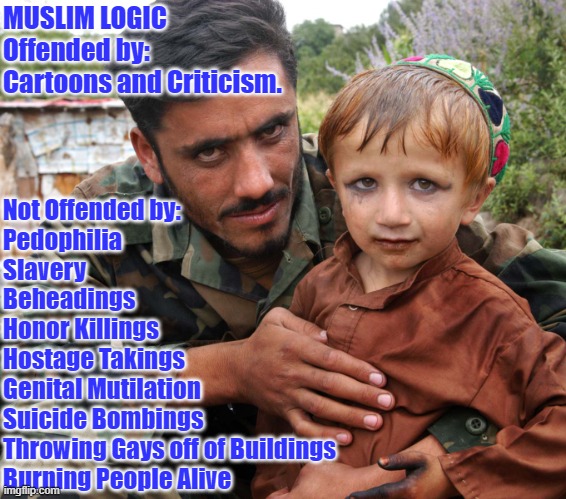 Muslim Logic | MUSLIM LOGIC
Offended by:
Cartoons and Criticism. Not Offended by:
Pedophilia
Slavery
Beheadings
Honor Killings
Hostage Takings
Genital Mutilation
Suicide Bombings
Throwing Gays off of Buildings
Burning People Alive | image tagged in muslim rapist,muslim logic,pedophilia,gays | made w/ Imgflip meme maker
