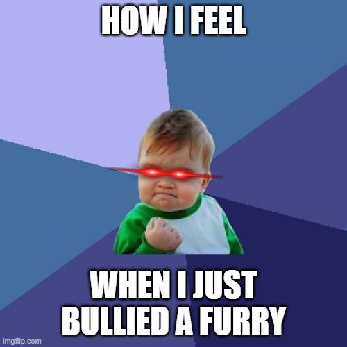 it feels good | HOW I FEEL; WHEN I JUST BULLIED A FURRY | image tagged in memes,success kid,anti furry,offensive | made w/ Imgflip meme maker