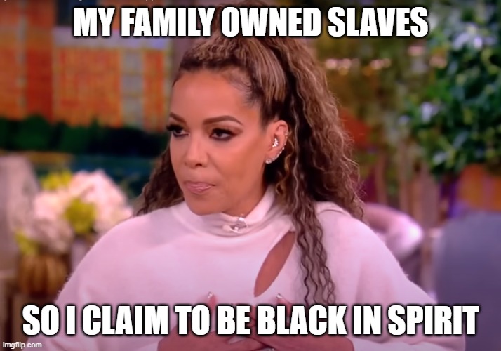 Sunny's Slave Stand | MY FAMILY OWNED SLAVES; SO I CLAIM TO BE BLACK IN SPIRIT | image tagged in sunny,the view,slavery,slaves,owner,slave | made w/ Imgflip meme maker