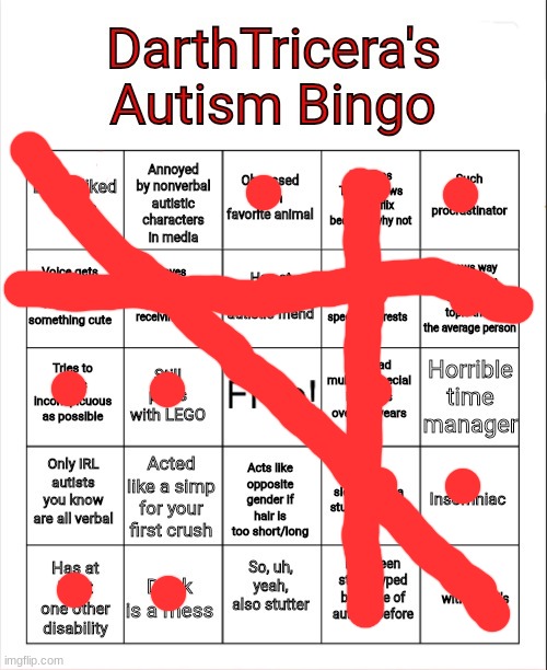 DarthTricera's Autism Bingo | image tagged in darthtricera's autism bingo,autism | made w/ Imgflip meme maker