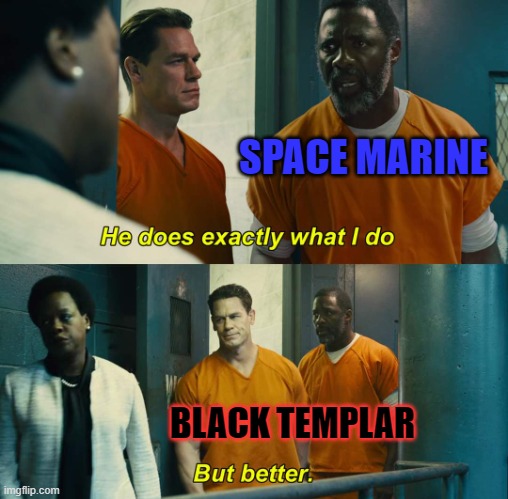 "He does exactly what I do" "but better" | SPACE MARINE; BLACK TEMPLAR | image tagged in he does exactly what i do but better | made w/ Imgflip meme maker