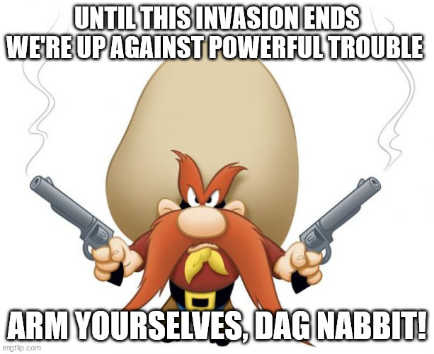 DERN TOOTIN! | UNTIL THIS INVASION ENDS WE'RE UP AGAINST POWERFUL TROUBLE; ARM YOURSELVES, DAG NABBIT! | image tagged in yosemite sam,illegal aliens,criminals,danger | made w/ Imgflip meme maker