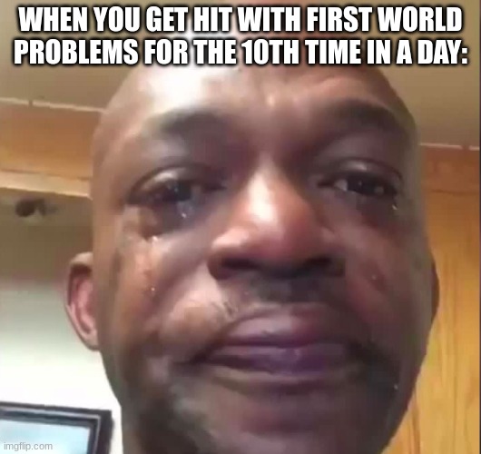 i actual had to do this for school lol | WHEN YOU GET HIT WITH FIRST WORLD PROBLEMS FOR THE 10TH TIME IN A DAY: | image tagged in crying black dude | made w/ Imgflip meme maker