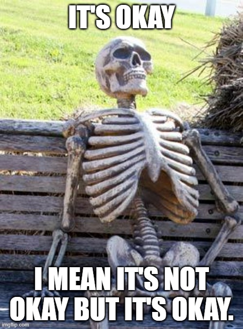 Waiting Skeleton Meme | IT'S OKAY; I MEAN IT'S NOT OKAY BUT IT'S OKAY. | image tagged in memes,waiting skeleton | made w/ Imgflip meme maker