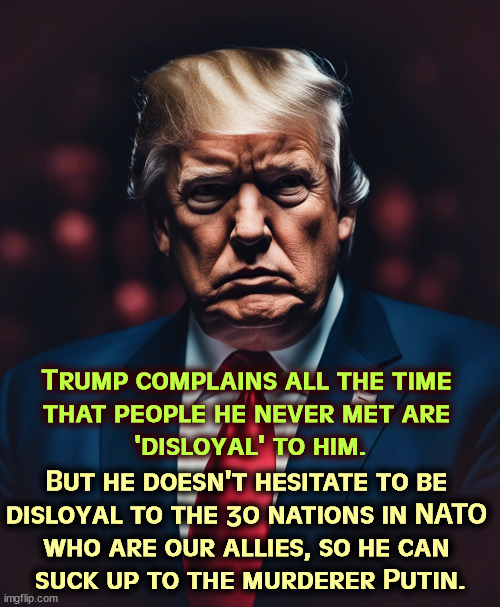 Putin must have some compromising video on Trump, that he would sell out all of NATO countries like that. Now that's disloyalty. | Trump complains all the time 
that people he never met are 
'disloyal' to him. But he doesn't hesitate to be 
disloyal to the 30 nations in NATO 
who are our allies, so he can 
suck up to the murderer Putin. | image tagged in trump,loyalty,friends,allies,nato,treason | made w/ Imgflip meme maker