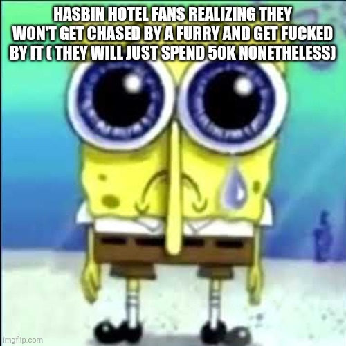 Sad Spongebob | HASBIN HOTEL FANS REALIZING THEY WON'T GET CHASED BY A FURRY AND GET FUCKED BY IT ( THEY WILL JUST SPEND 50K NONETHELESS) | image tagged in sad spongebob | made w/ Imgflip meme maker